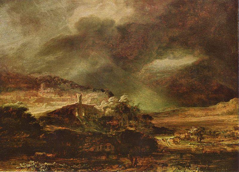 Rembrandt Harmensz Van Rijn Stadt auf einem Hugel bei sturmischem Wetter oil painting image